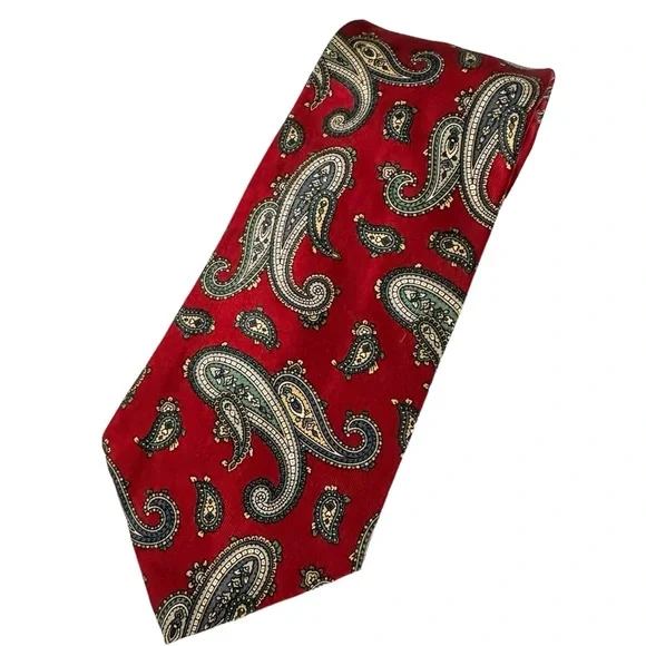 LANVIN Paris Tie 100%Silk Dark Red Background Green & Tan Paisley Made in Italy